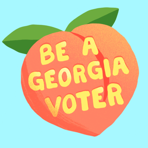 Illustrated gif. A ripe orange peach with green leaves bobs side to side against a sky-blue background. Text on the peach reads, "Be a Georgia voter. Go vote."