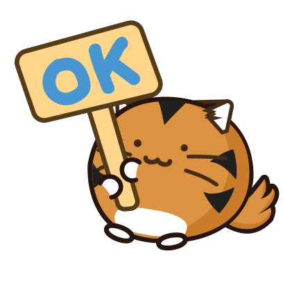 Kawaii gif. A circular orange cat looks at us with a cute smile and small eyes. It waves a sign in the air that says, “OK.”