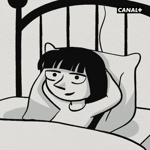Cartoon gif. Black and white clip of Esther from Les Cahiers de d'Esther happily laying her head down on a pillow to fall asleep. 