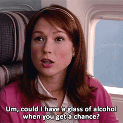 Movie gif. As a flight passenger, Ellie Kemper as Becca in Bridesmaids asks, "Um, could I have a glass of alcohol when you get a chance?" which appears as text