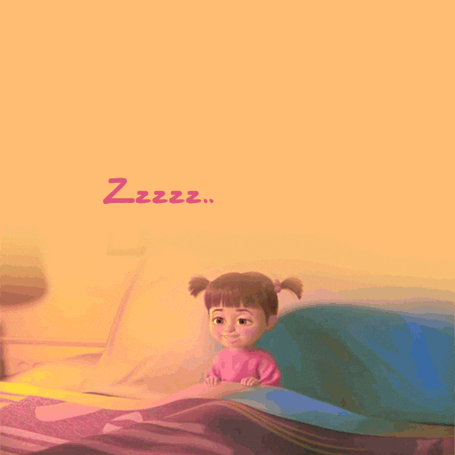 Movie gif. Boo from Monsters Inc sits up in bed as she suddenly plops down asleep on the pillow. Snoozing Z's read, "Zzzzz"