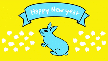 Digital art gif. Blue bunny looks up at a banner surrounded by dancing white dots that reads, "Happy New Year."