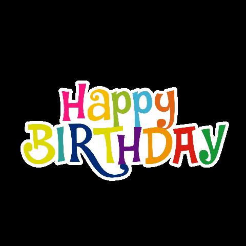 Text gif. The text, "Happy Birthday!" is written with bright colors on a black background and balloons and streamers appear on the sides.