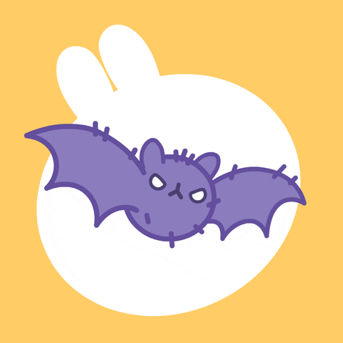 Kawaii gif. Prickly purple bat with glaring white eyes hovers while flapping its wings.