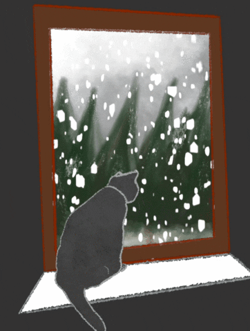 Illustrated gif. Cat looks out of a window as snow falls over the forest.