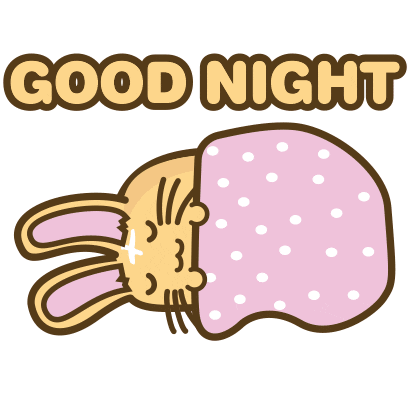 Illustrated gif. Orange bunny lays down, asleep, with a pink polka dot blanket over it. It pulls the blanket up closer to its face and its ears wiggle as they sleep. Text, “Good Night.”