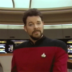 TV gif. Jonathan Frakes as William T. Riker on Star Trek: The Next Generation looks at us with a frozen expression that slowly shifts into a big smile on his face. 