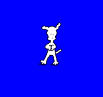 Cartoon gif. Chippy the dog standing in front of a blue background shoots out pink hearts towards us that explode in a circle, filling the entire gif.