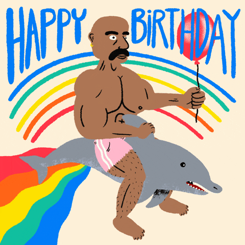 Digital art gif. A cartoon Steve Harvey holds a red balloon and rides a dolphin through a revolving rainbow. Text, “Happy Birthday”
