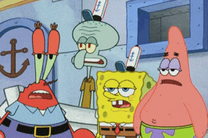SpongeBob SquarePants gif. Patrick, Mr Krabs, SpongeBob, and Squidward stand together near the counter in the Krusty Krab, each with the same dull expression on their faces, eyes half-closed and mouth half-open, before exiting the frame one by one.