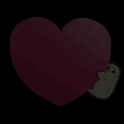 Illustrated gif. Yellow baby chick clings to a floating red heart, bobbing gently against a black background.