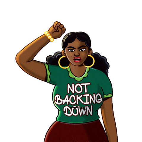 Digital art gif. Angry woman pumps her fist in the air against a transparent background. Her shirt reads, “Not backing down.”
