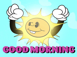 Digital art gif. A cartoon sun that's been edited to have Mickey's hands is raised in a victory pose, pumping up and down. Text, "Good Morning." 