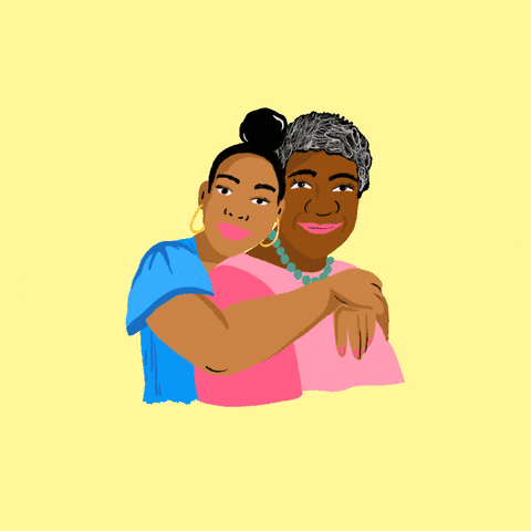 Illustrated gif. Woman wraps her arms around the shoulders of a senior woman as they smile and sway together on a buttercream background. Text, "We must improve the quality of America's nursing homes."