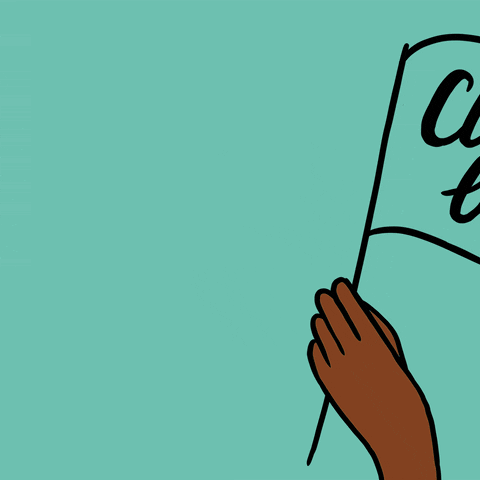 Cartoon gif. Hands hold up a series of flags that are signs that read, "Clap back! Hashtag Overy Act. Time to talk. About the facts!" The final flag has a teal ribbon on it. 