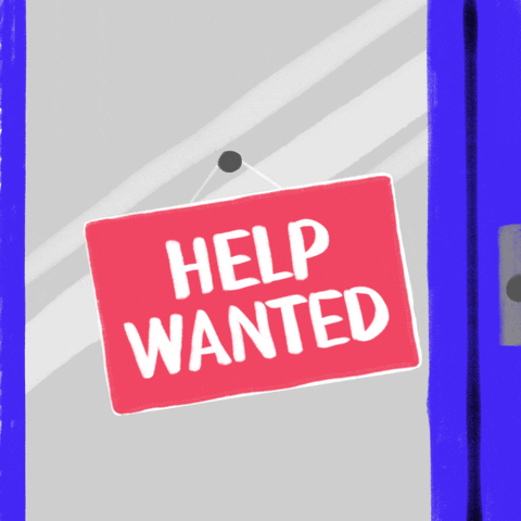 Digital art gif. Pink sign swings on a hook over a glass window background. One side says, “Help wanted.” The sign flips and reads, “Election workers needed in Ohio.”