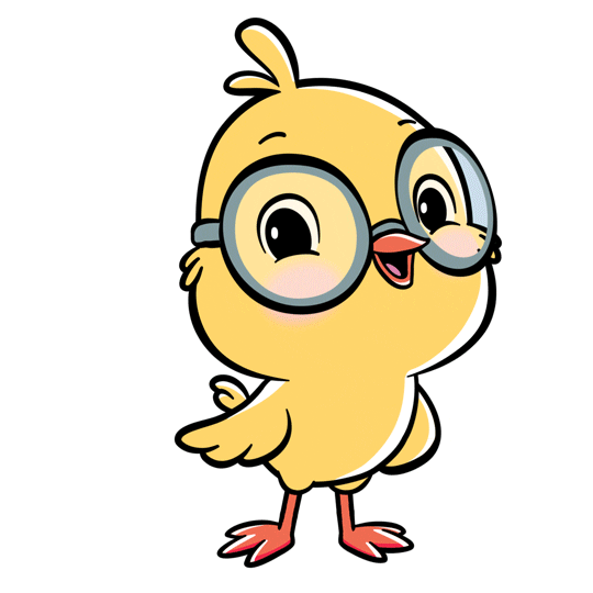 Pohyblivý gif s kresleným kuřátkem s brýlemi, malujícím červená srdíčka.