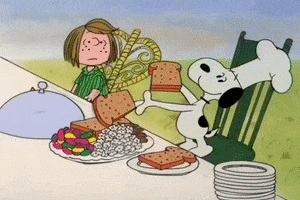Cartoon gif. In a scene from A Charlie Brown Thanksgiving, Snoopy cheerfully loads up a dinner plate with snacks: toast, popcorn, pretzel sticks, and jellybeans. Once the plate is properly arranged, he dusts his hands. Not sure what to make of this, Peppermint Patty looks on.