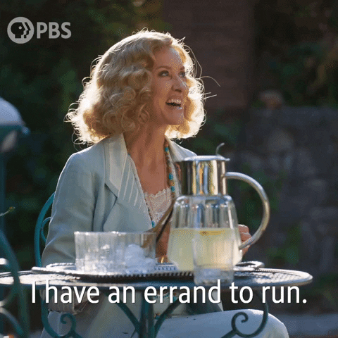 TV gif. Natascha McElhone as Bella Ainsworth in "Hotel Portofino" sits at an outdoor table with a pitcher of lemonade, smiling as she talks at someone offscreen, "I have an errand to run."