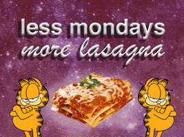 Digital art gif. A mirrored image of Garfield with his arms crossed, standing on either side of a photo of a slice of lasagna, against a rainbow cosmic background. Text, "Less Mondays, more lasagna."