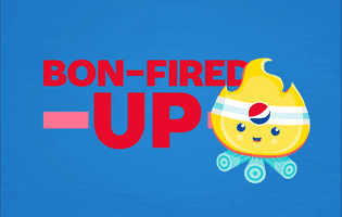 Ad gif. Illustration of a smiling campfire with looping flames for hair wearing a Pepsi logo headband. Text, "Bon-fired-Up." with the "up" pulsing.