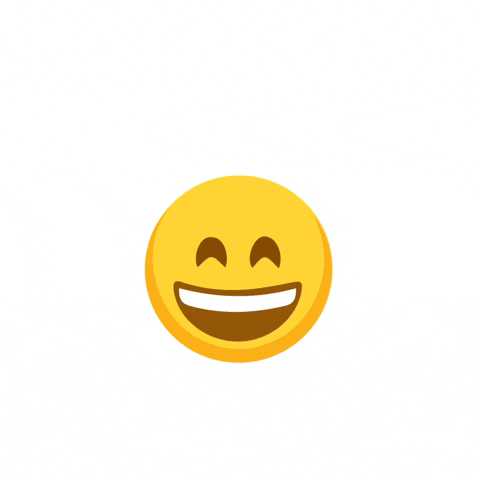 Cartoon gif. A smiley face with closed happy eyes and a wide smile bounces as text appears, "Friday feeling!"