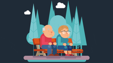 Kreslená pohyblivá animace se sedícími prarodiči na lavičce za pozadí lesíka a objevujících se mráčků.