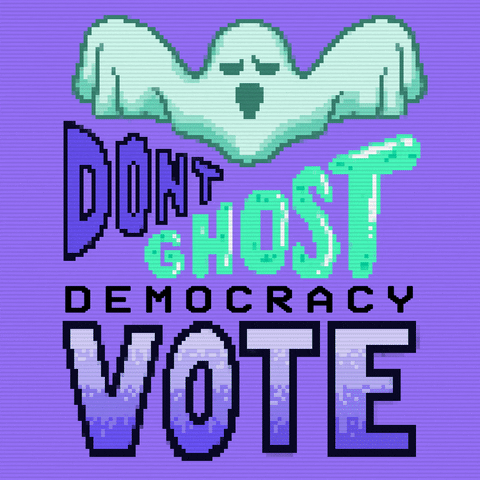 Digital art gif. Glowing ghost bobs up and down over a light purple background with the text, “Don't ghost democracy. Vote.”