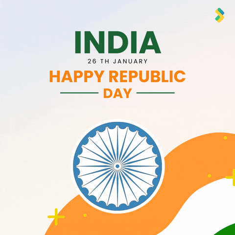 Text gif. The Ashoka Chakra of the Indian flag spins while fireworks decorate the background. Text reads, "India. 26th January. Happy Republic Day."