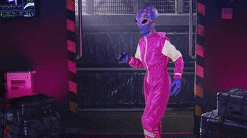 Video gif. Person wearing an alien suit topples over awkwardly before we cut to a digital screen that types out the words, "That's embarrassing."