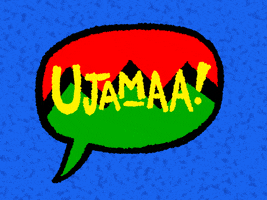 Digital illustration gif. Pixelated speech bubble filled in with the UNIA flag colors red, black, and green reads, "Ujamaa!" against a blue background.