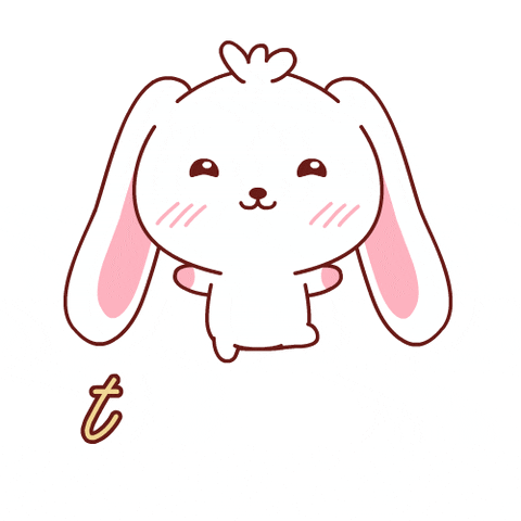 Illustrated gif. A white and pink bunny with a tiny body waves its arms and dances happily. Text, “Thank you.”