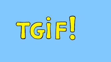 Illustrated gif. A bunny pops up from the bottom with their paws raised and is clearly ecstatic. They run away out of frame and the text reads, "TGIF!"