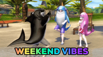 Video game gif. People in black, blue, and pink shark costumes dance at a tropical resort. Rainbow text reads, "Weekend vibes."