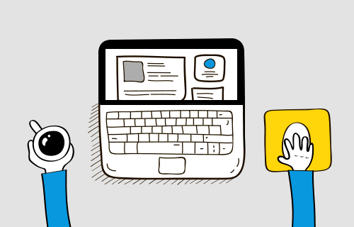 a cartoon of two hands holding a cup of coffee and a laptop computer .
