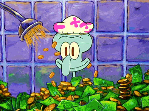 SpongeBob gif. Squidward stands in a shower with a shower cap on, up to his neck in money, while coins spray out of the shower head onto his face.