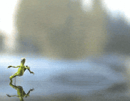 Video gif. In shallow water, a weird looking lizard flops around on two legs like he’s clumsily running. His big flipper feet splash with heavy steps and his arms fling around haphazardly. Water flings all around him. 