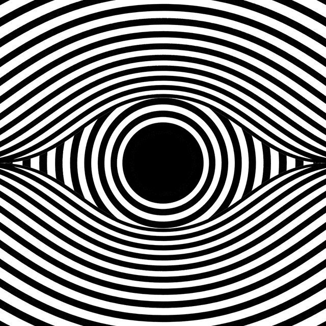 Digital art gif. A black and white psychedelic image that looks like an op art image of an eye. The lines in the eye shape move vertically like ripples in water, while the lines around the eye shape move horizontally. The longer someone stares at this image, the more disorienting the image becomes.