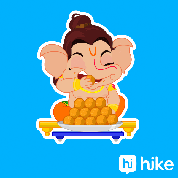 Cartoon gif. Cute cartoon version of Ganesh, the elephant-headed Hindu god, eats out of a large bowl of modak. Ganesh puts two in their mouth, chews, then swallows.