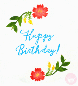 a happy birthday card with flowers and leaves