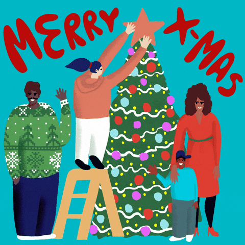 Illustrated gif. Man in a green Christmas sweater smiles and waves at us. A woman stands on her tippy toes on a short ladder and reaches up at the bright star on top of the Christmas tree. A woman stands with a child with a hat next to the tree. The child smiles and waves at us. Text, “Merry X-mas.”