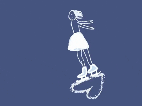 Kreslený pohyblivý gif s dívkou v sukni na bruslích vyřezávající do ledu srdce.
