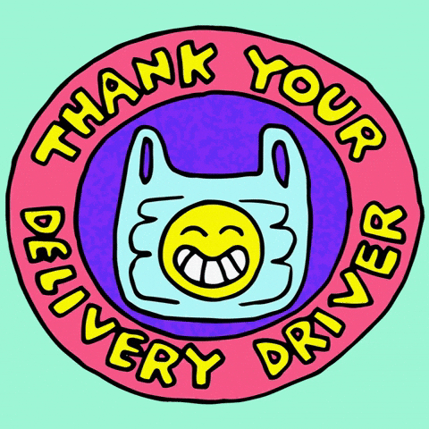 Illustrated gif. Plastic bag with smiley face on it, whose handles tie themselves. Pink and yellow text encircles the illustration and reads "Thank your delivery driver."