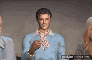 Digital art gif. An animated Sylvester Stallone throws gold confetti into the air in celebration.