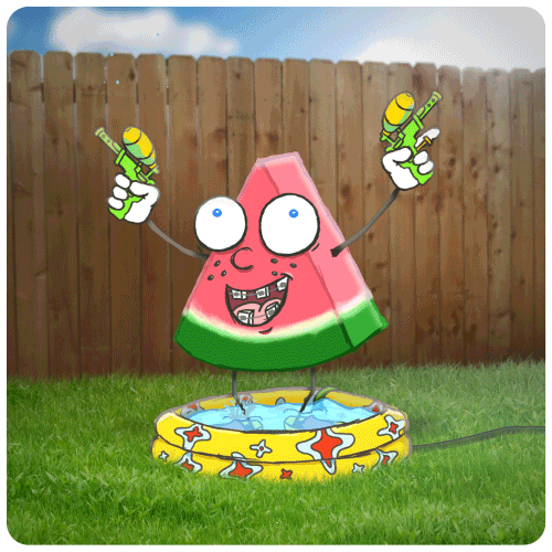 Illustrated gif. A slice of watermelon with braces holds a squirt gun in each hand as it splashes alternate feet in and out of a kiddie pool.