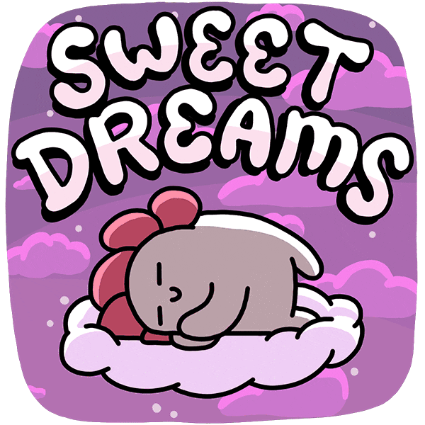 Digital illustration gif. Gray character with pink flower petal hair sleeps peacefully on a fluffy cloud as clouds continuously fall through a bright purple background. Text, "Sweet dreams."