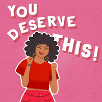 Cartoon gif. A smiling woman with afro-textured hair, wearing red clothes and hoop earrings, dances in place against a pink background. Text, "You deserve this!"