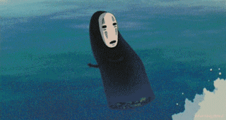 Gif of No-Face from Spirited Away being hit by a wave upon which is written the word 'feels' 