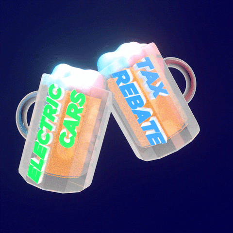 Text gif. Two 3D animated beer pints cheers-ing, one labeled "electric cars" and one labeled "tax rebate" against a blue background.