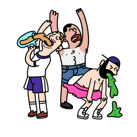 Kreslený pohyblivý obrázek se třemi slavícími pijícími a zvracejícími muži na rozlučkové party.